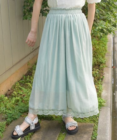 裾レース楊柳ワイドパンツ