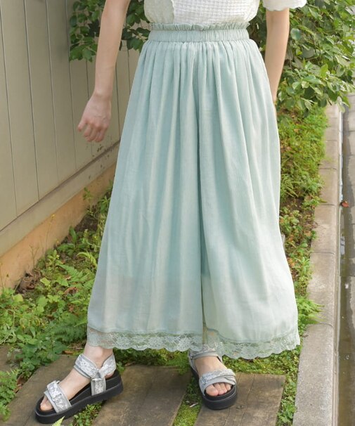裾レース楊柳ワイドパンツ