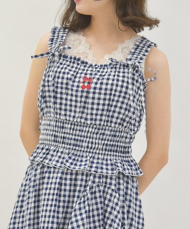 チェリー刺繍チェックビスチェ