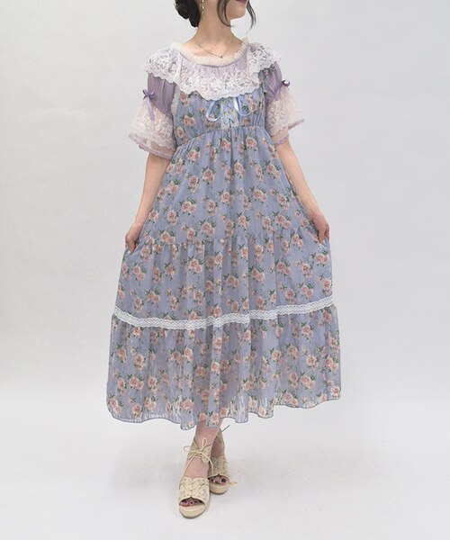 Axes femme 水色 花柄 長袖 ティアードワンピース axes femme｜アクシーズファムのワンピース（花柄・ボタニカル柄