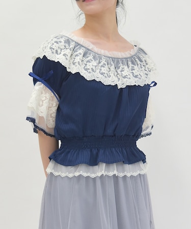 シアストライプ×レースプルオーバー