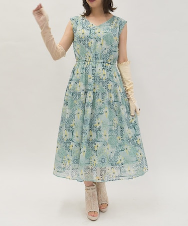 フラワー×タイル柄楊柳ワンピース