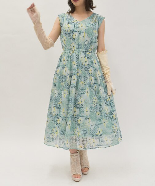 フラワー×タイル柄楊柳ワンピース