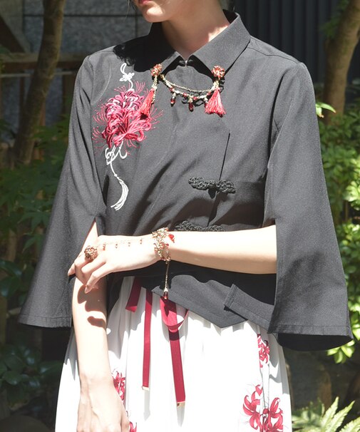 彼岸花刺繍ショートシャツ