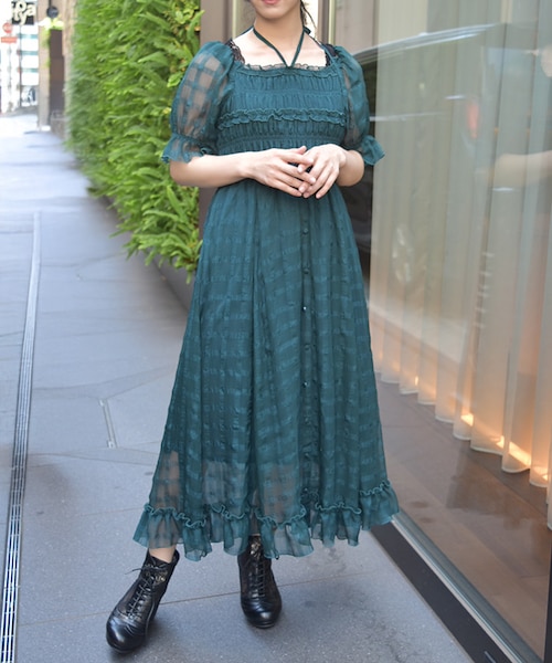新品未使用タグ付　アクシーズファム　チェックプリントロングワンピ　ダークグリーン axes femme - axes femme プリーツ切替チェック柄ワンピース
