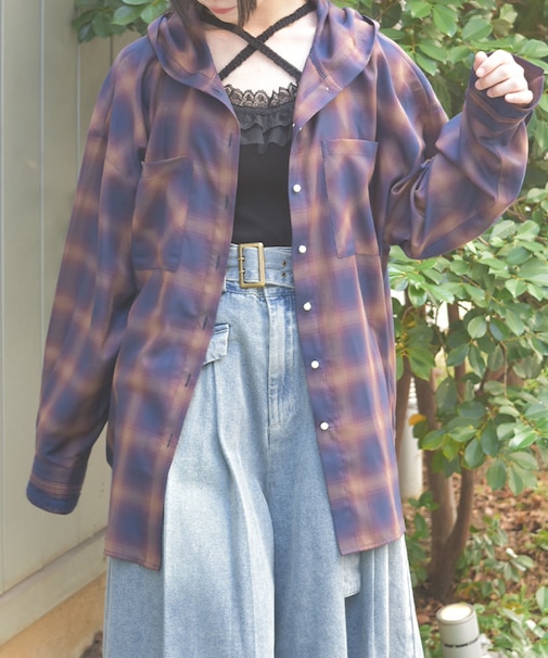 フード付きチェックシャツ