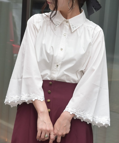 【an】 フラワーレース/5分袖/フレア/セットアップ/ホワイトxブラック美品 フラワー刺繍レースペプラムトップスシフォンワイドパンツドレス