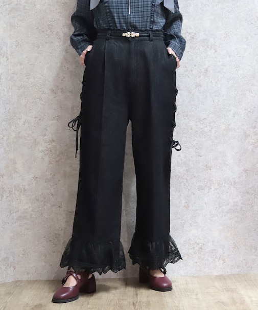 裾レースデニムストレートパンツ