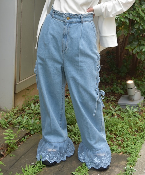 裾レースデニムストレートパンツ