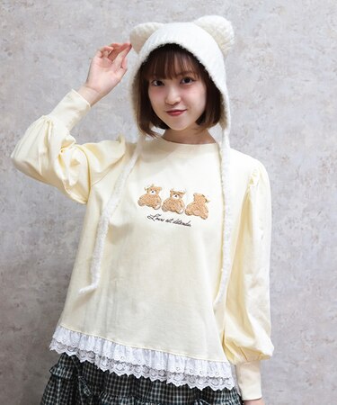 くまボア刺繍裾レースＴシャツ