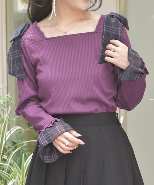 チェック柄シフォンリボンプルオーバー