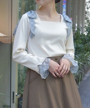 チェック柄シフォンリボンプルオーバー