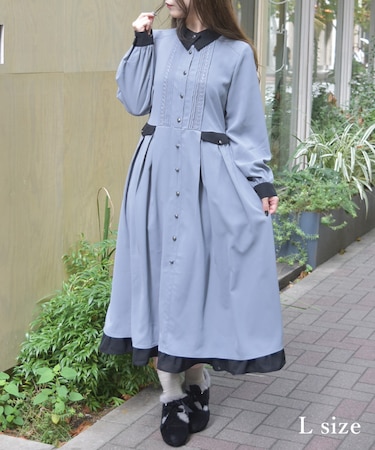 襟デザイン連釦バイカラーワンピース