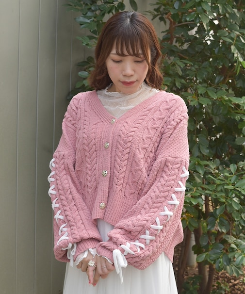 レースアップモールヤーンカーディガン