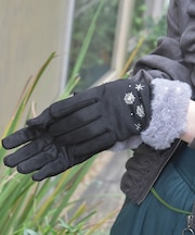 雪刺繍スエードファー手袋
