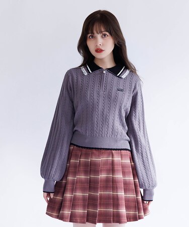 レース×バイカラーニットポロ