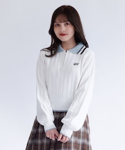 レース×バイカラーニットポロ