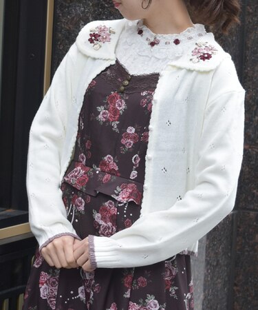 フラワーリボン刺繍ニットカーディガン