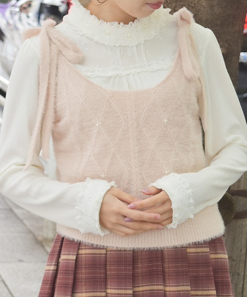 肩リボンシャギービスチェ