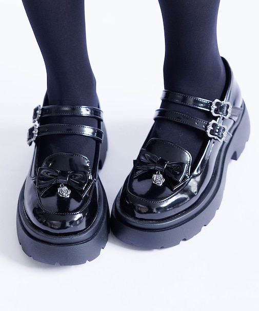 Wストラップリボンローファー