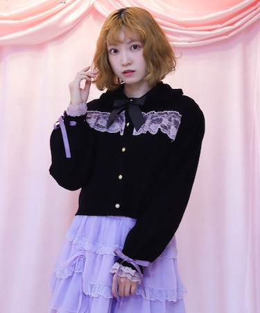 袖口レース衿付きニットカーディガン