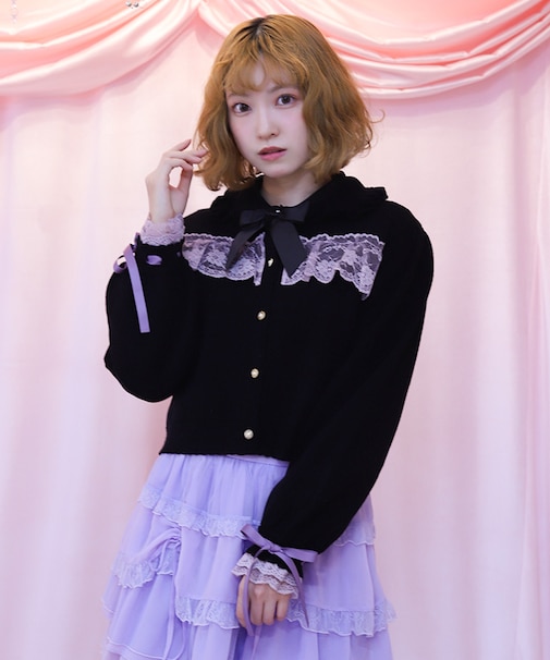 袖口レース衿付きニットカーディガン