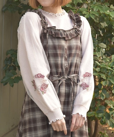 カメリア刺繍チュール袖ニット