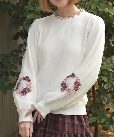 カメリア刺繍チュール袖ニット