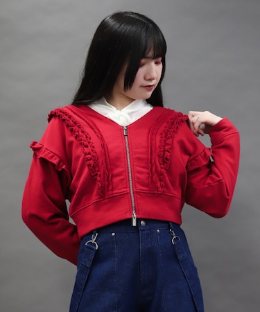 ダメージフリル裏毛カットカーディガン