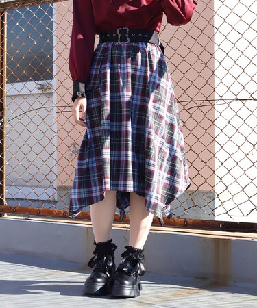 ベルト付チェックイレヘムスカート