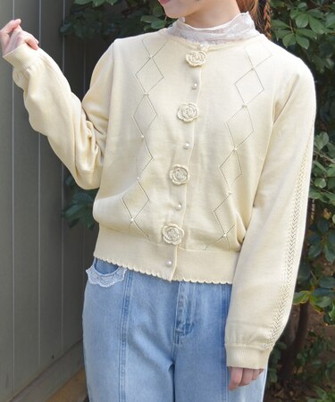 かぎ針ローズニットカーデ