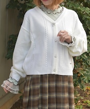 リボン釦編み上げニットカーディガン