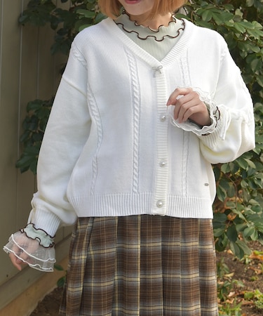 リボン釦編み上げニットカーディガン
