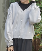 リボン釦編み上げニットカーディガン