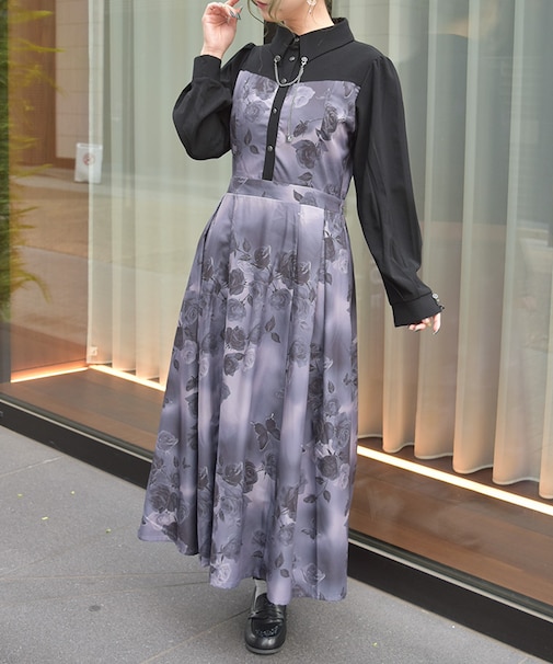 チェーン付アートローズ柄ワンピース