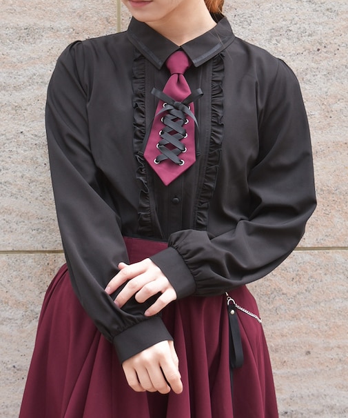 レースアップタイ付ブラウス