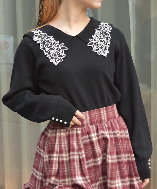フラワー刺繍セーラー襟ニット