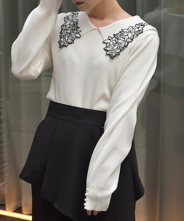 フラワー刺繍セーラー襟ニット