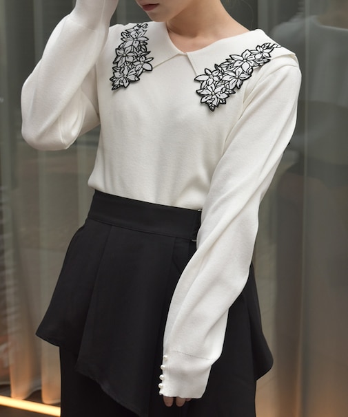 フラワー刺繍セーラー襟ニット