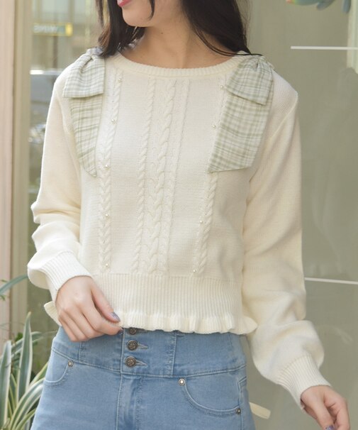 チェックシフォンリボンニット