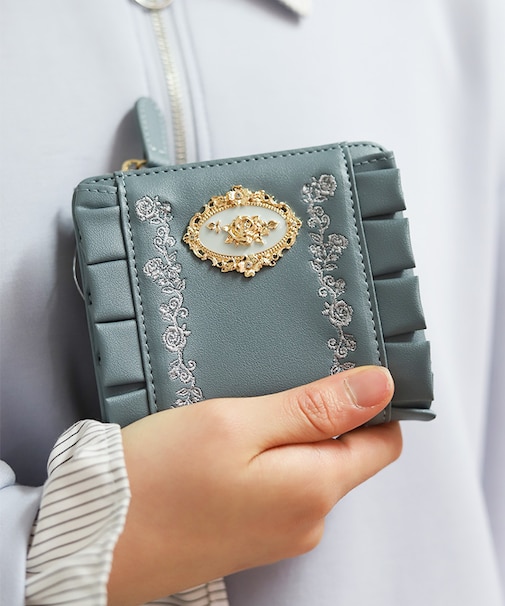 ローズ刺繍フリルミニ財布