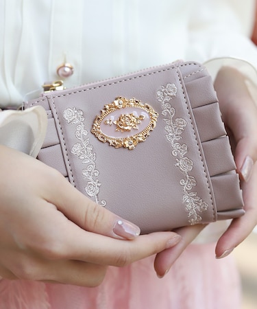 ローズ刺繍フリルミニ財布