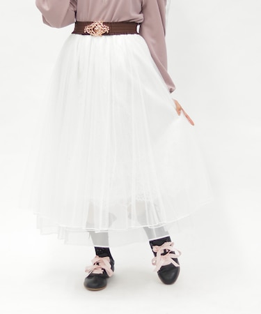 チュール×レースロングスカート