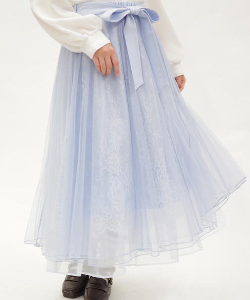 チュール×レースロングスカート
