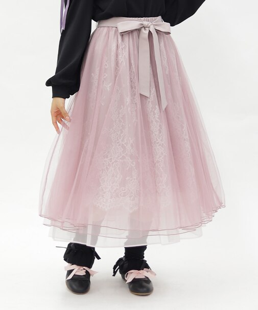 チュール×レースロングスカート