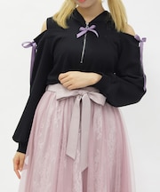 リボン付きオフショルリブプルオーバー