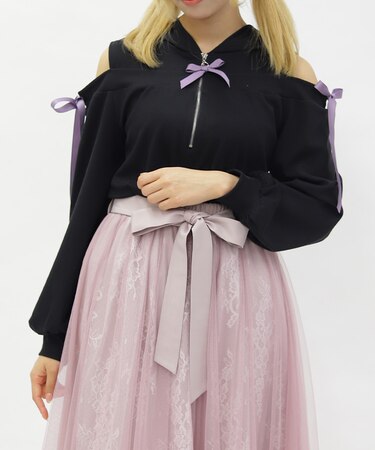 リボン付きオフショルリブプルオーバー