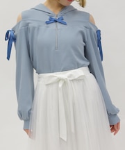 リボン付きオフショルリブプルオーバー