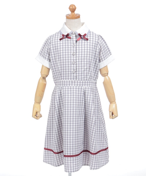 リボン襟チェックワンピース