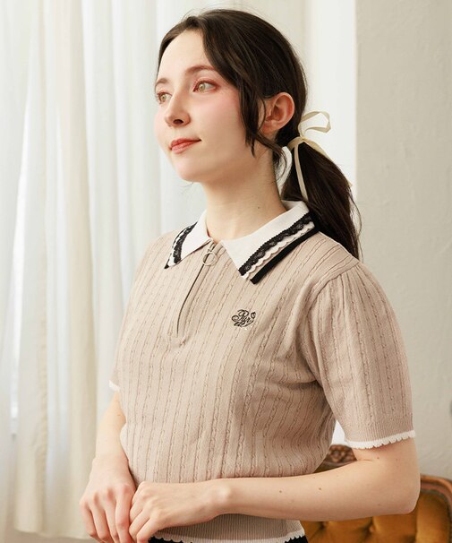 刺繍入りジップニットポロ